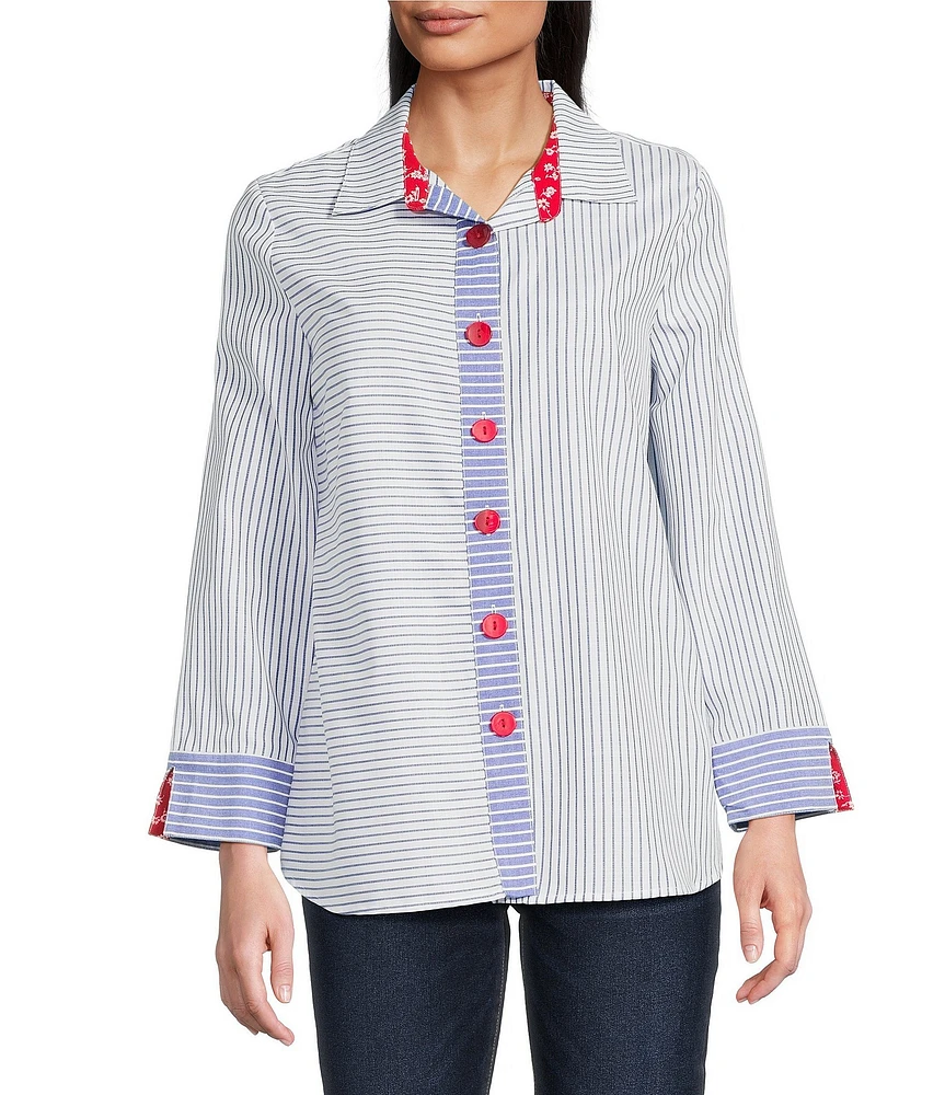 Ali Miles Yarn Dye Stripe Point Collar 3/4 Sleeves Hi-Low Hem Tunic