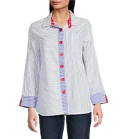 Ali Miles Yarn Dye Stripe Point Collar 3/4 Sleeves Hi-Low Hem Tunic