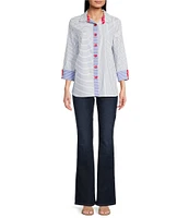 Ali Miles Yarn Dye Stripe Point Collar 3/4 Sleeves Hi-Low Hem Tunic