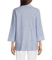 Ali Miles Yarn-Dye Striped Wire Neck 3/4 Sleeve Hi-Low Hem Button Front Tunic