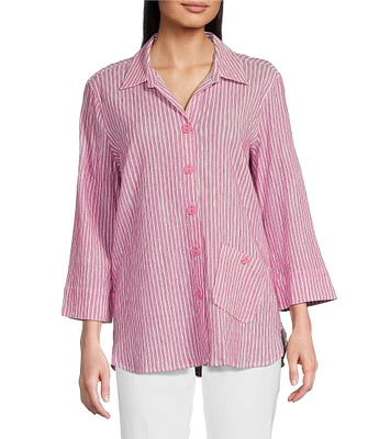 Ali Miles Yarn-Dye Striped Wire Neck 3/4 Sleeve Hi-Low Hem Button Front Tunic