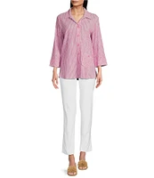 Ali Miles Yarn-Dye Striped Wire Neck 3/4 Sleeve Hi-Low Hem Button Front Tunic