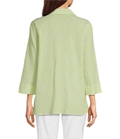 Ali Miles Yarn-Dye Striped Wire Neck 3/4 Sleeve Hi-Low Hem Button Front Tunic