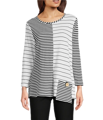 Ali Miles Yarn-Dyed Stripe Round Neck 3/4 Sleeve Tunic