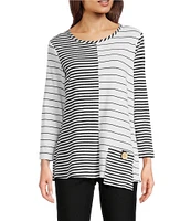 Ali Miles Yarn-Dyed Stripe Round Neck 3/4 Sleeve Tunic