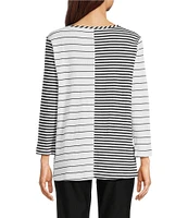 Ali Miles Yarn-Dyed Stripe Round Neck 3/4 Sleeve Tunic