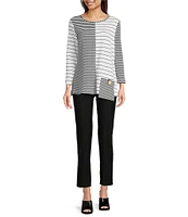 Ali Miles Yarn-Dyed Stripe Round Neck 3/4 Sleeve Tunic