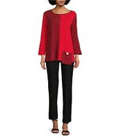 Ali Miles Yarn-Dyed Stripe Round Neck 3/4 Sleeve Tunic