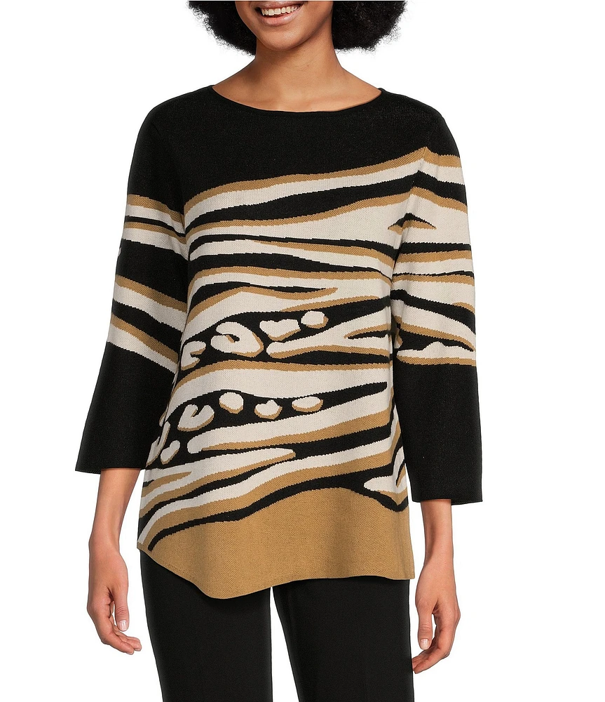 Ali Miles Zebra Print Round Neck 3/4 Sleeve Asymmetrical Sweater