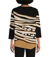 Ali Miles Zebra Print Round Neck 3/4 Sleeve Asymmetrical Sweater