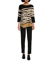 Ali Miles Zebra Print Round Neck 3/4 Sleeve Asymmetrical Sweater