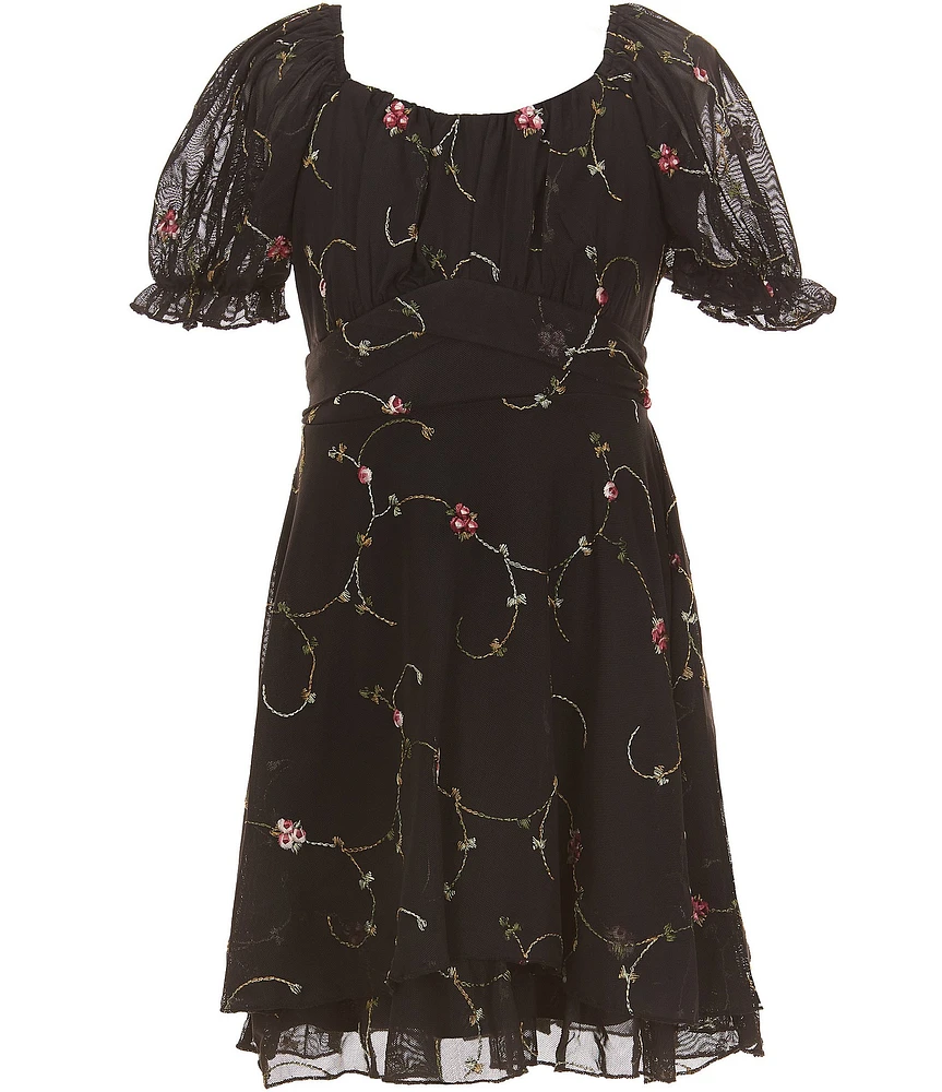 Allison & Kelly Big Girls Floral Embroidered Mesh Short Sleeve Criss Cross Dress