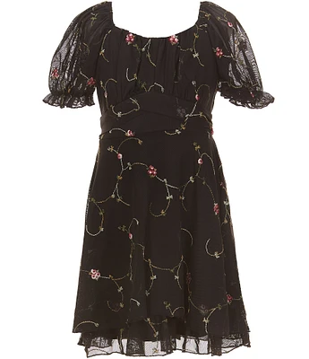 Allison & Kelly Big Girls Floral Embroidered Mesh Short Sleeve Criss Cross Dress