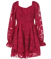 Allison & Kelly Big Girls 7-16 Long Sleeve Floral Tonal Burnout Jacquard Chiffon Dress