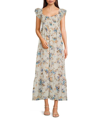 Allison & Kelly Chiffon Floral Print V-Neck Flutter Sleeve Smocked Midi Dress