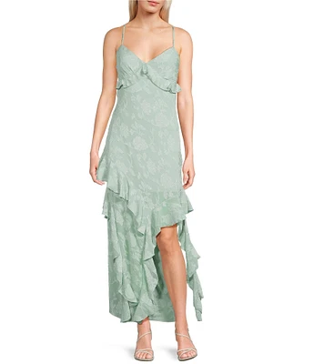 Allison & Kelly Floral Jacquard V-Neck Cascading Ruffle Tiered Dress