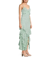 Allison & Kelly Floral Jacquard V-Neck Cascading Ruffle Tiered Dress