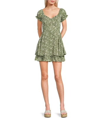 Allison & Kelly Floral Print Short Puff Sleeve Tie Back Tiered Dress