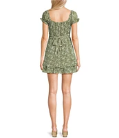 Allison & Kelly Floral Print Short Puff Sleeve Tie Back Tiered Dress