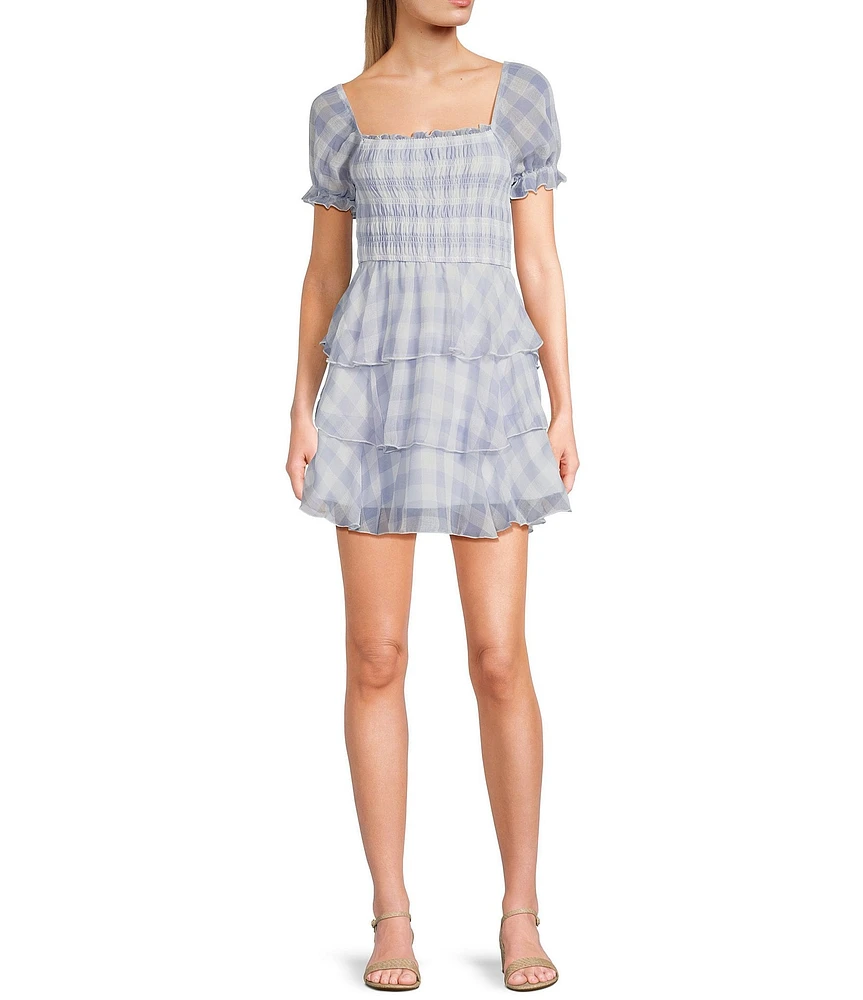 Allison & Kelly Gingham Short Puff Sleeve Smocked Tiered Dress