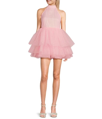 Allison & Kelly Halter Neck Bow Back Tulle Fit & Flare Mini Dress