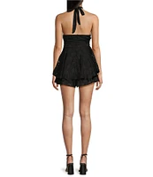 Allison & Kelly Halter Tie Neck Corset Waist Printed Double Hem Romper