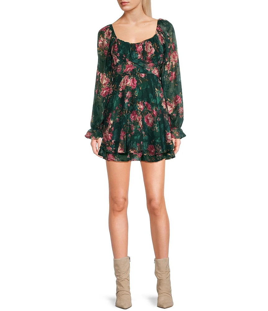 Allison & Kelly Long Sleeve Floral Printed Jacquard Fit & Flare Dress