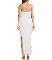 Allison & Kelly Printed Lace V-Neck Asymmetrical Ruffled Dress