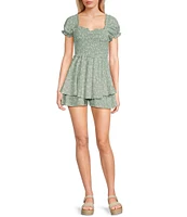 Allison & Kelly Printed Square Neck Short Puff Sleeve Pinch Front Romper