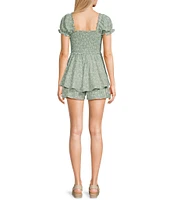 Allison & Kelly Printed Square Neck Short Puff Sleeve Pinch Front Romper