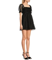 Allison & Kelly Rhinestone Pearl Square Neck Puff Sleeve Dress