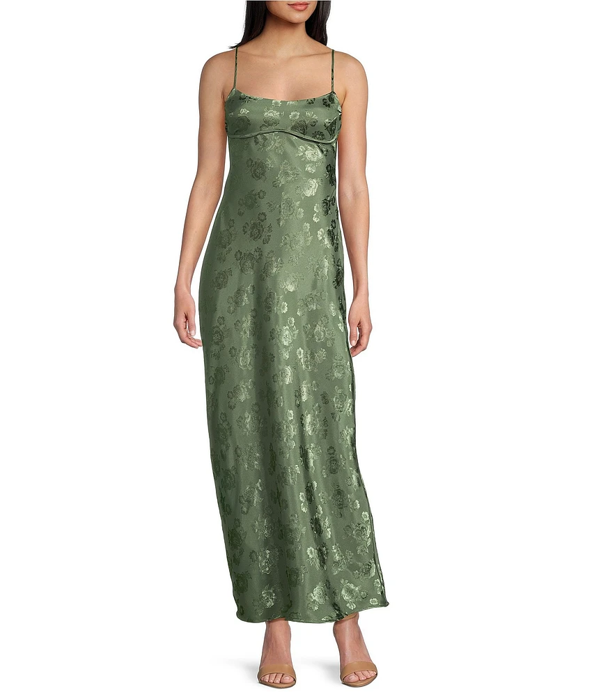 Allison & Kelly Satin Floral Jacquard Scoop Neck Spaghetti Strap Back Cut-Out Midi Dress