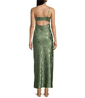 Allison & Kelly Satin Floral Jacquard Scoop Neck Spaghetti Strap Back Cut-Out Midi Dress