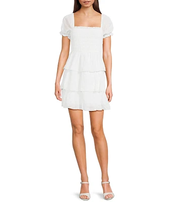 Allison & Kelly Seersucker Chiffon Smocked Puff Sleeve Tiered Dress