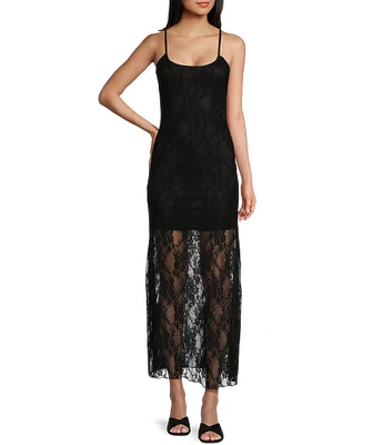 Allison & Kelly Spaghetti Strap Scoop Neck Solid Floral Lace Midi Dress