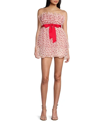 Allison & Kelly Strapless Glitter Heart Print Double Hem Mini Dress