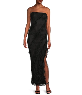 Allison & Kelly Strapless Lace Asymmetric Ruffle Midi Dress