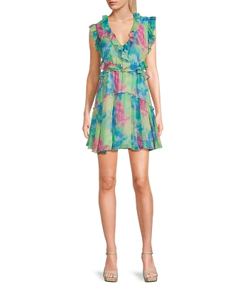 Allison & Kelly V-Neck Sleeveless Printed Ruffle Dress