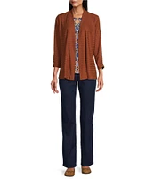 Allison Daley 3/4 Ruched Sleeve Open Front Pointelle Knit Cardigan