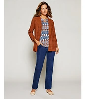 Allison Daley 3/4 Ruched Sleeve Open Front Pointelle Knit Cardigan