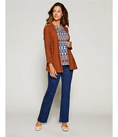 Allison Daley 3/4 Ruched Sleeve Open Front Pointelle Knit Cardigan