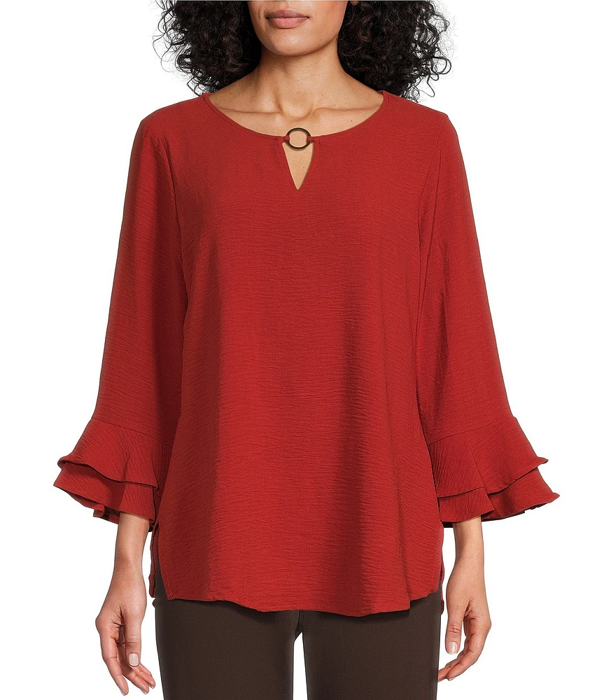 Allison Daley 3/4 Ruffle Sleeve Keyhole Neck Blouse