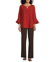 Allison Daley 3/4 Ruffle Sleeve Keyhole Neck Blouse