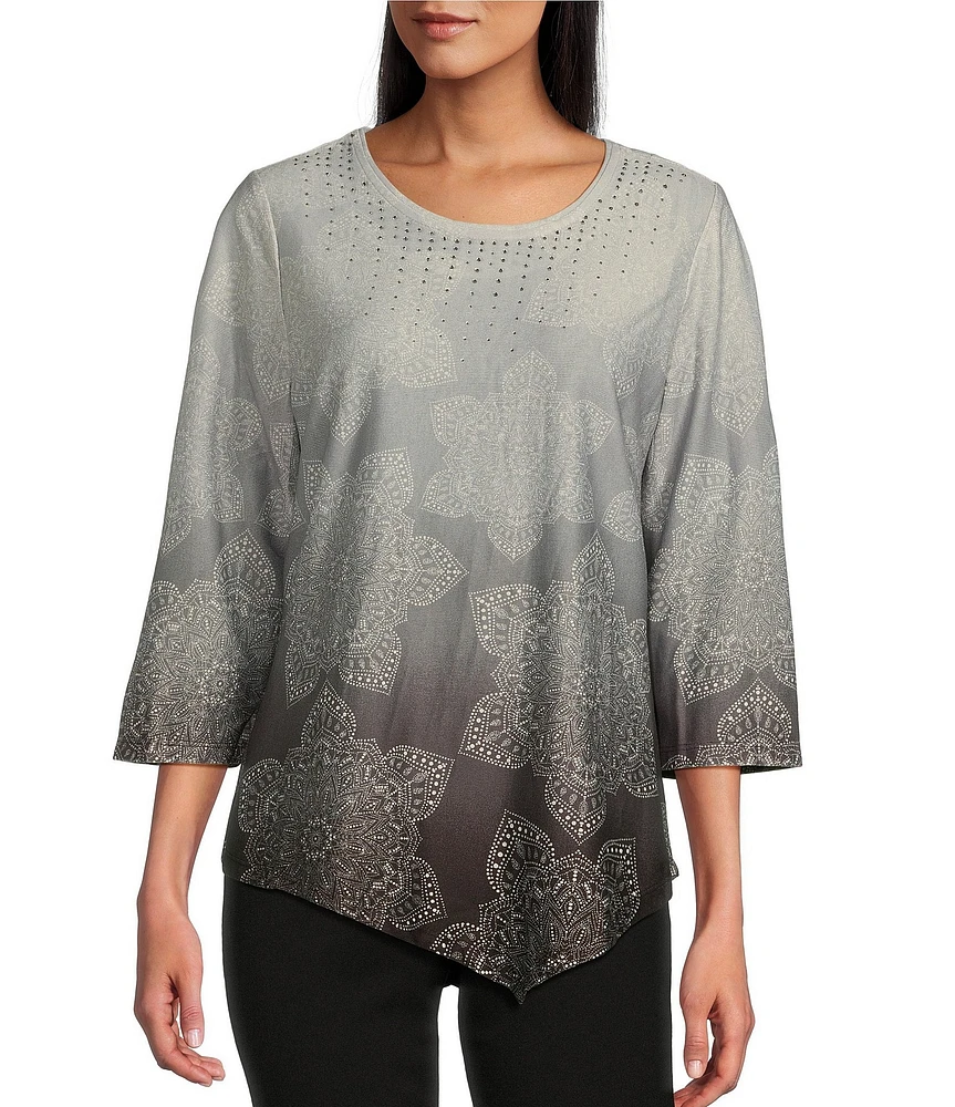 Allison Daley 3/4 Sleeve Crew Neck Asymmetric Hem Knit Top