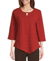 Allison Daley 3/4 Sleeve Keyhole Neck Asymmetric Hem Jacquard Chevron Knit Top