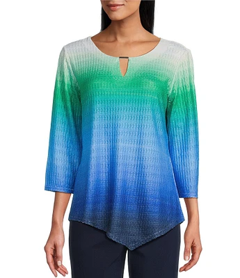 Allison Daley Ombre 3/4 Sleeve Keyhole Neck Asymmetric Hem Knit Top