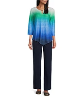 Allison Daley Ombre 3/4 Sleeve Keyhole Neck Asymmetric Hem Knit Top