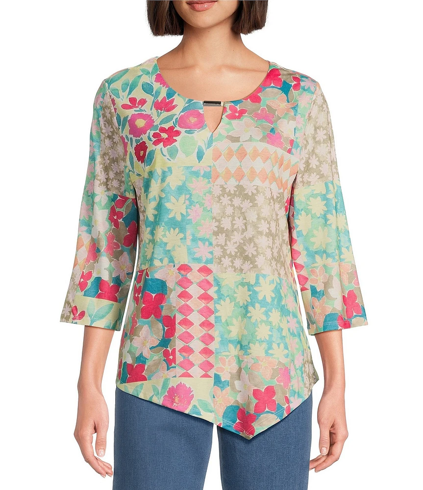Allison Daley Spring Patchwork Print 3/4 Sleeve Keyhole Neck Asymmetric Hem Knit Top