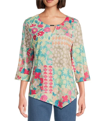 Allison Daley Spring Patchwork Print 3/4 Sleeve Keyhole Neck Asymmetric Hem Knit Top