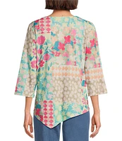 Allison Daley Spring Patchwork Print 3/4 Sleeve Keyhole Neck Asymmetric Hem Knit Top
